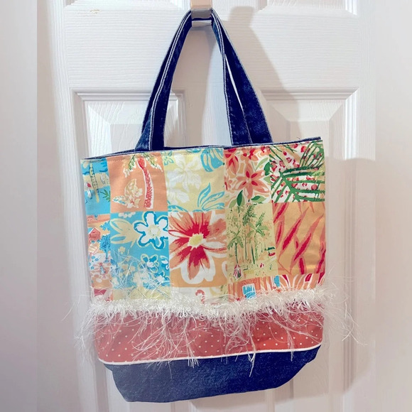Denim Tropical Fabric Bag‎ Purse Tote Fringe Blue Peach - Picture 1 of 10